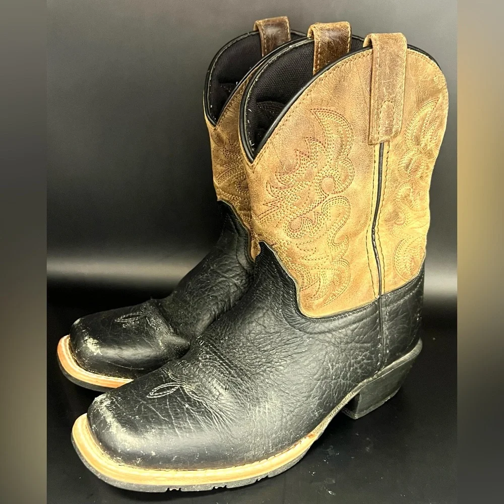 Dan Post-Black/Brown Cowboy Boots-Little River Youth Size:2.5D,Toe polish needed
